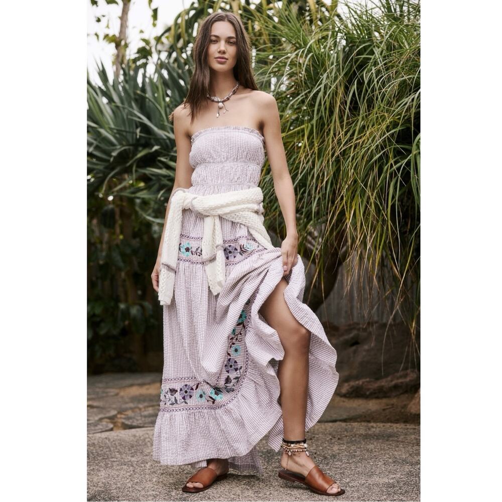 Free People Bohemian Embroidered Floral Kalani Strapless Midi Dress Size XL - Picture 4 of 15